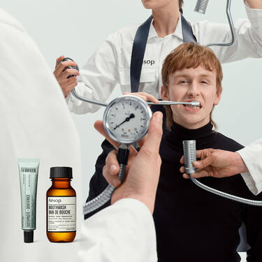 Surreal clinical oral care scene featuring Aesop products.