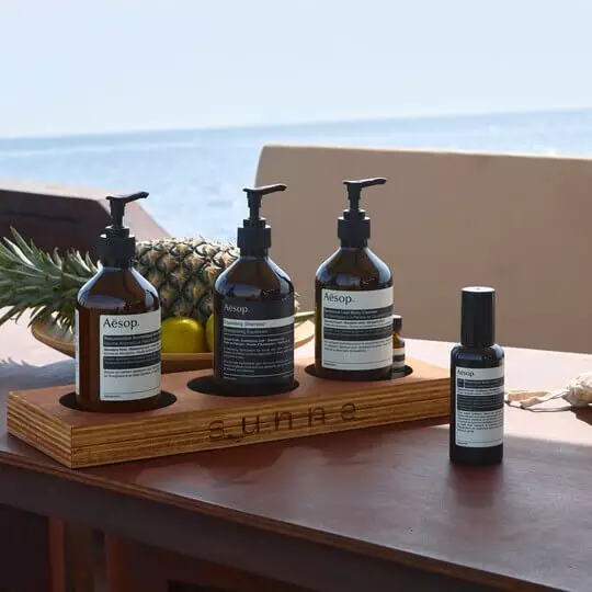 Five Aesop formulations and tropical fruit on a table by the beach.