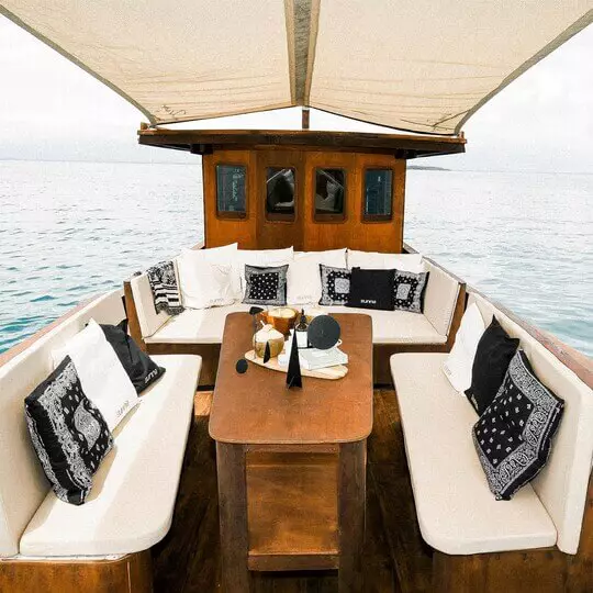 A boat out to water with cushioned bench seating and a canopy above providing shade.